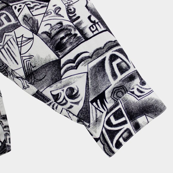 Vintage 90s Aggio Abstract Monochrome Sketch Print Button Down Shirt Size XL - Picture 5 of 10